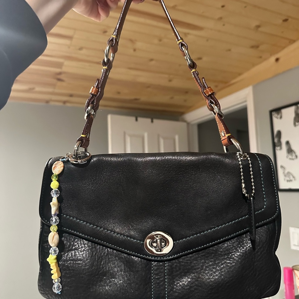 Coach Black Leather Shoulder Bag with Beaded Charm